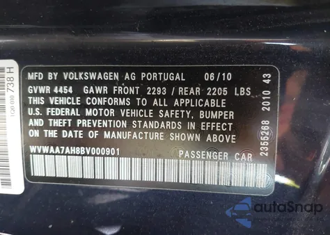 2011 Volkswagen Eos Komfort из США, поврежденный, VIN WVWAA7AH8BV000901